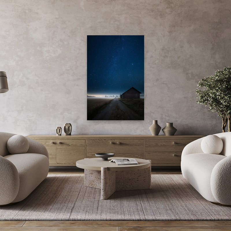 Barn Under Starry Night Peaceful Serene Tranquil Landscape Nature Wall Art Print by Mika Suutari - Wrapped Canvas Print