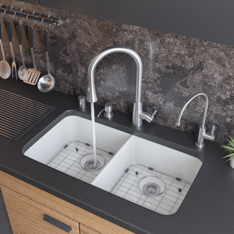 32'' L Double Bowl Fireclay Kitchen Sink, White