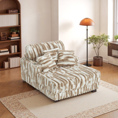 Upholstered White Brown Faux Fur Chaise Lounge Sofa Bed Couch With Cup Holder And Throw Pillows