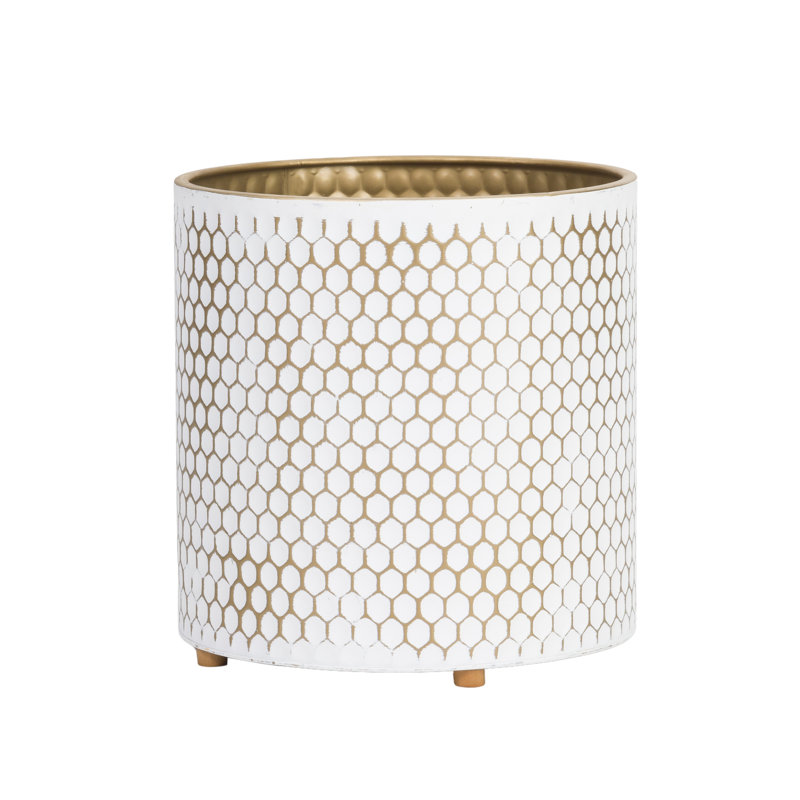 Mid Century Modern Indoor Metal Pot Planter With Peg Base, 13" H x 12.25" W x 12.25" D, White/Gold