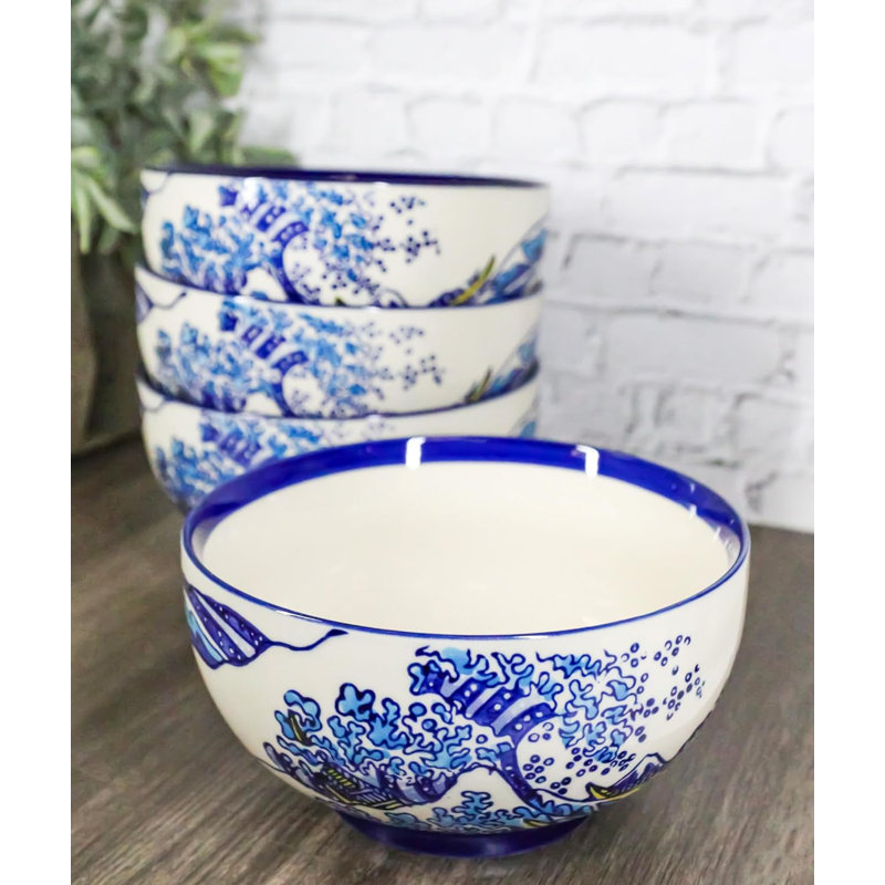 Pack Of 4 Blue Japanese Hokusai Great Wave Ceramic Soup Rice Salad Bowls 22Oz