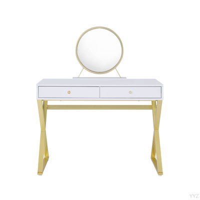 Gold Finish Vanity Desk W/Mirror & Jewelry Tray