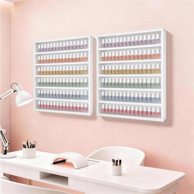 Présentoir mural à 6 niveaux pour vernis à ongles, en acrylique et bois, avec barrière de séparation, 56 cm (L) x 107 cm (H), idéal pour un spa à domicile, un studio d'ongles et un salon de beauté.