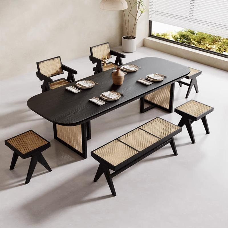 Solid wood table set with rattan legs, 29.52" H x 78.74" L x 31.49" W