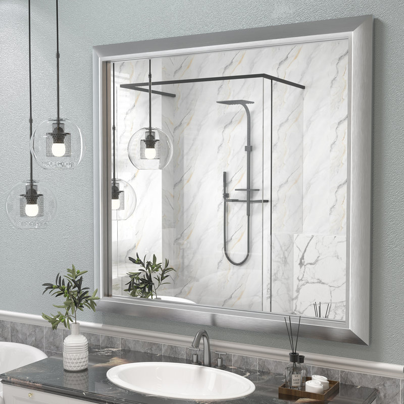 Amara Tempered Glass Mounted Wall Mirror, 40" x 38", Brushed Silver
