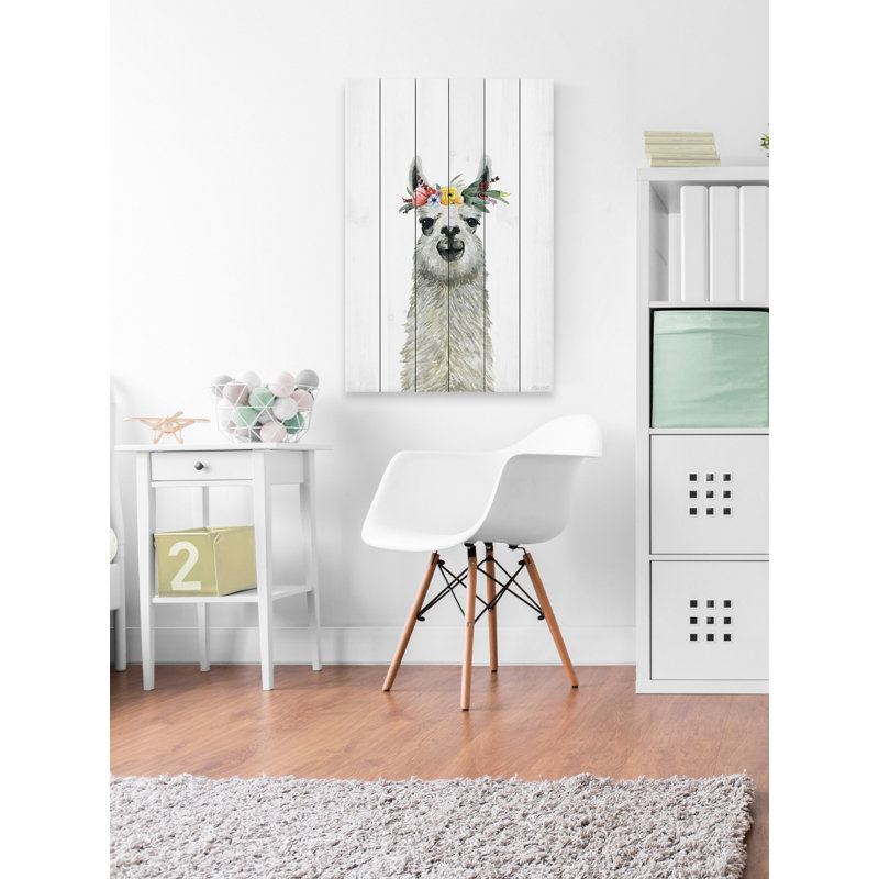 'Flower Crowned Llama' Print On White Wood, 60.00" H x 40.00" W