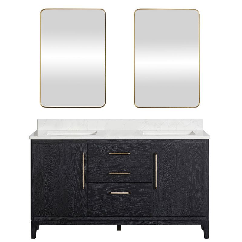 Meuble-lavabo double sur pied 60 po Langosta, Bois de sapin / noir