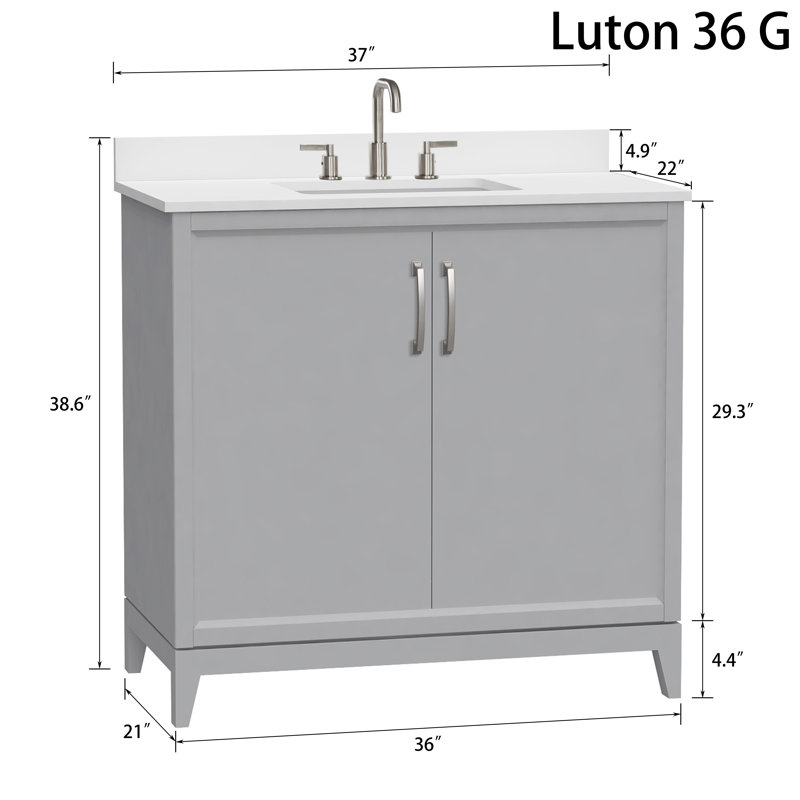 Luton 36" Single Bathroom Vanity Cabient With White Quartz Top, Sink & Backsplash. Modern Gray. Pre-Assembleb