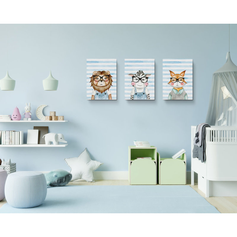 «Smart Lion Zebra Fox Animals», ensemble de 3 impressions sur toile tendue, H 30 po x l 60 po x P 1,5 po