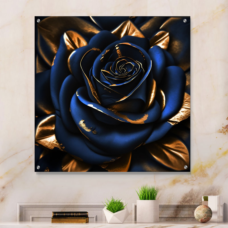 «Gilded Rose In Kings Blue II», art mural moderne en acrylique rose, H 16 po x l 16 po