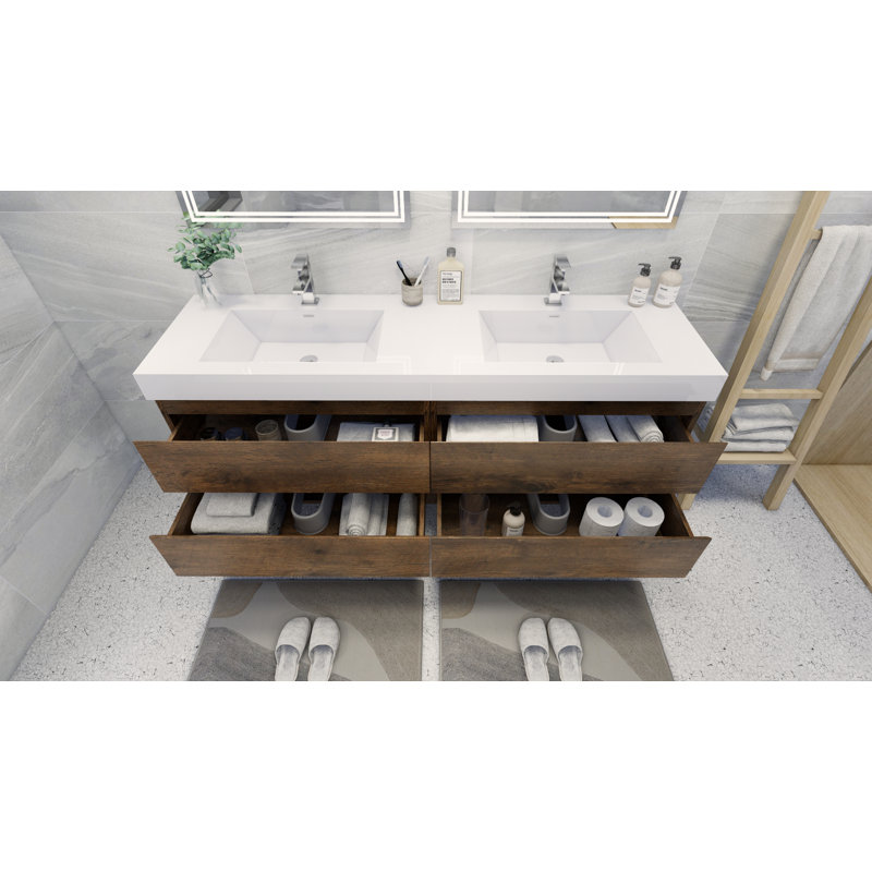 Ensemble de meuble-lavabo double mural 71 po Mitul, Bois de rose