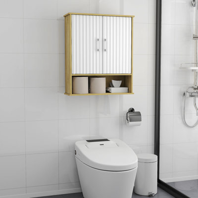 Armoire murale de salle de bain avec porte double, tablette inférieure, portes à motif ondulé, tablette intérieure réglable, installation facile, bois blanc et naturel