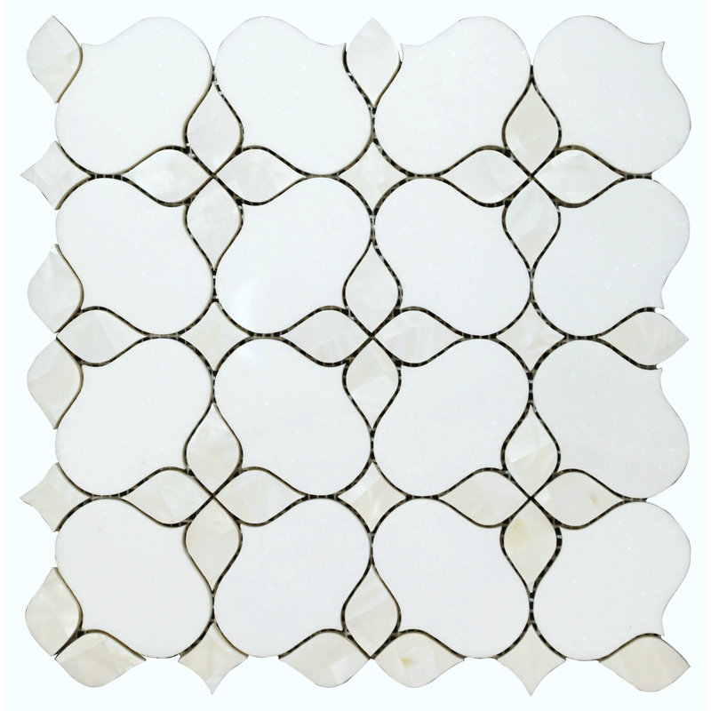Water Jet 6" X 6" - Thassos White Marble And Mother Of Pearl Novelty Mosaic Wall & Floor Tile
