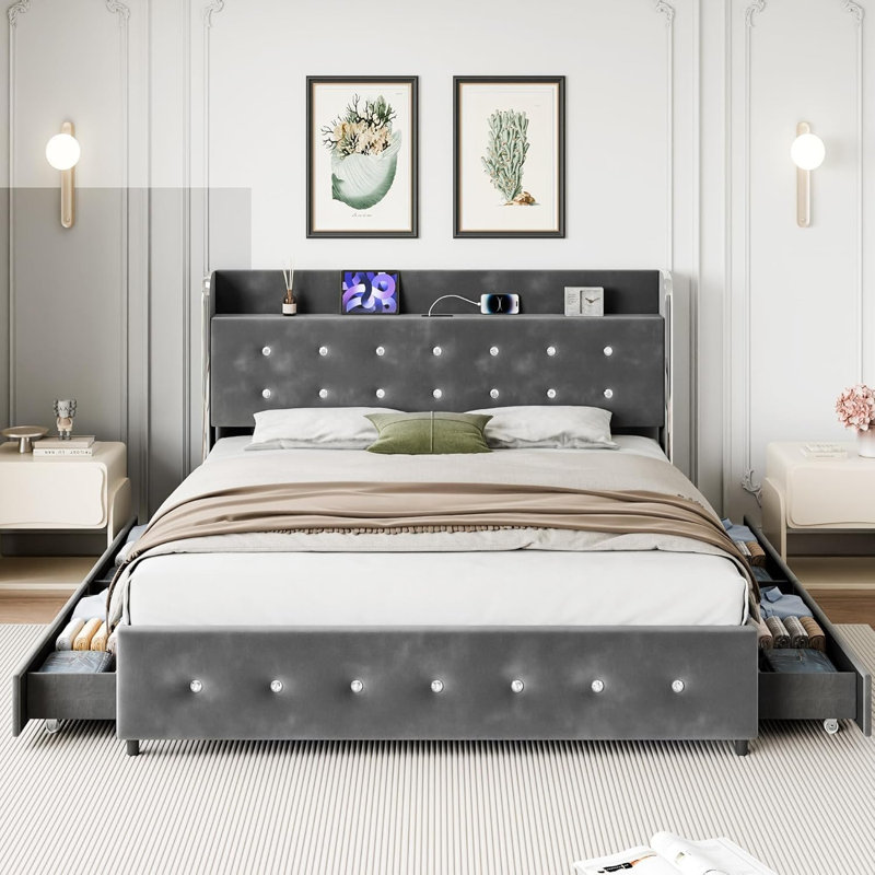 Structure de lit plateforme grand tapissier avec lit gigogne 4 tiroirs de rangement