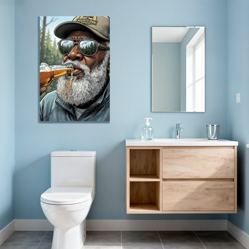 Homme à la mode buvant de la bière avec barbe et chapeau, H 12 po x l 18 po