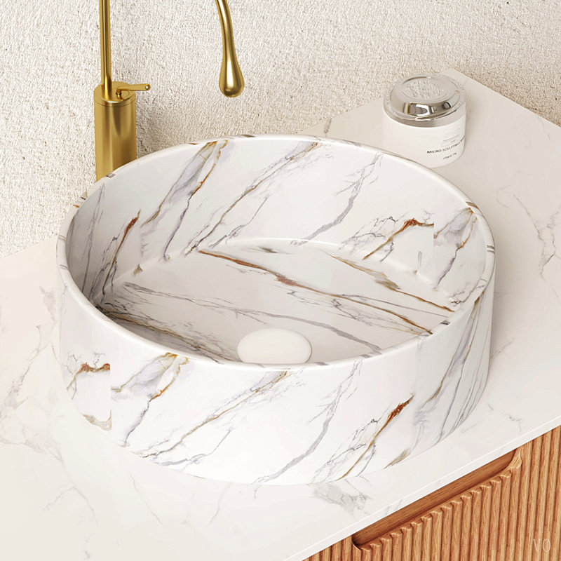 Lavabo de salle de bain 14 po, vasque ronde en céramique avec motif de pierre sans robinet, sans armoire