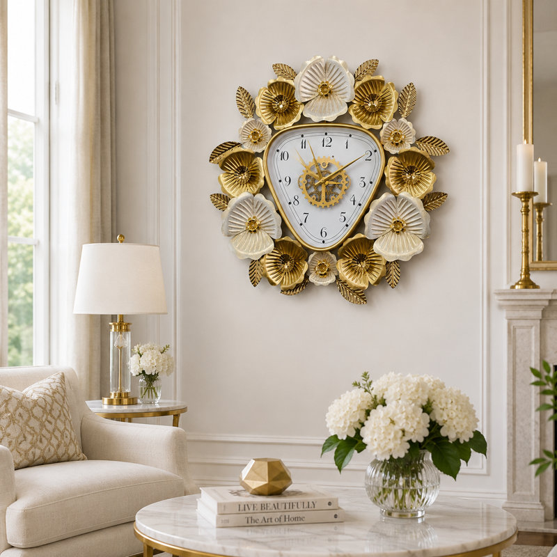 Horloge murale dorée et blanche à motif floral, grand art moderne en métal, horloge triangulaire géométrique silencieuse pour la décoration du salon