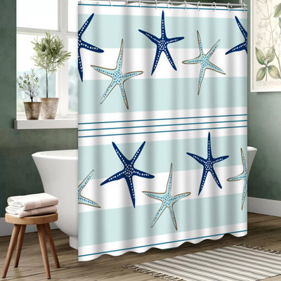 Coastal Starfish Navy Turquoise Striped Shower Curtain with 12 Hooks