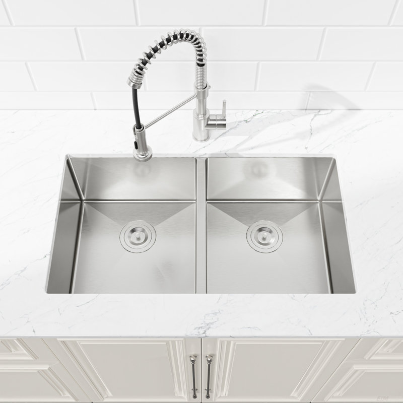 33"x19" Embedded Double Bowl Kitchen Sink, Undermount Handmade Sink in Brushed (Sink only), ?Modern Kitchen Sink