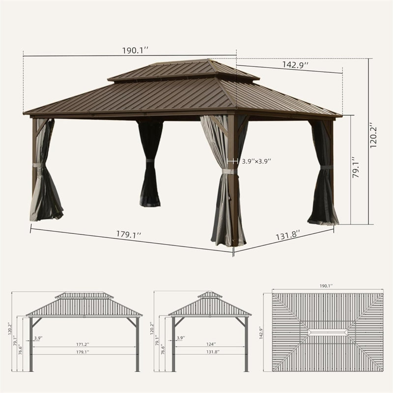 Outdoor Aluminum Patio Gazebo, 29.2 (ft.) x 16 (ft.), Brown