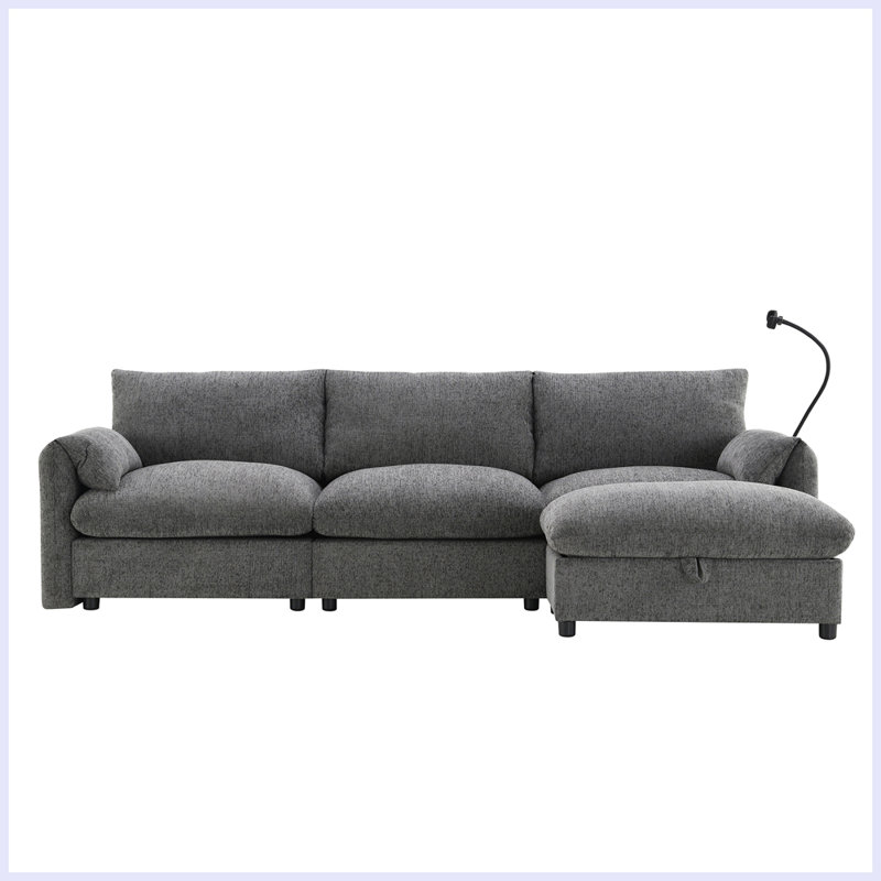 Ensemble de canapé moderne en L 4 places, canapé confortable avec chargeur USB pour le salon, Gris