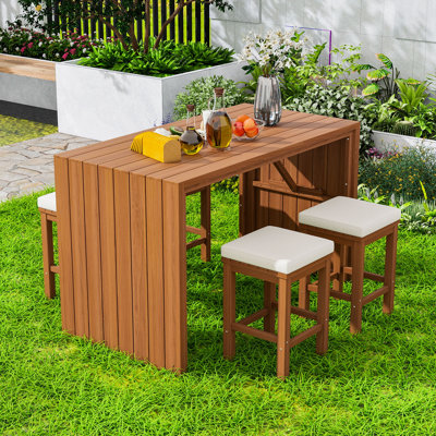 5-Piece Outdoor Dining Table with Wood Table and 4 Cushioned Stools