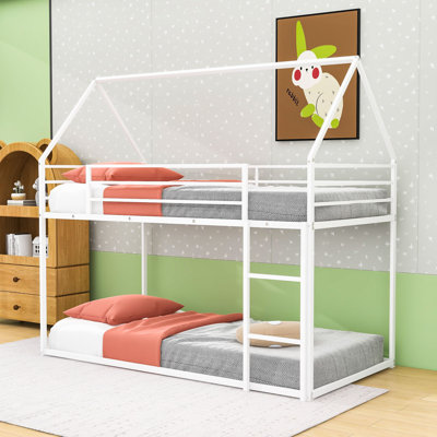 Twin Over Twin Metal House Bunk Bed With Convertible Ladder And Guardrails