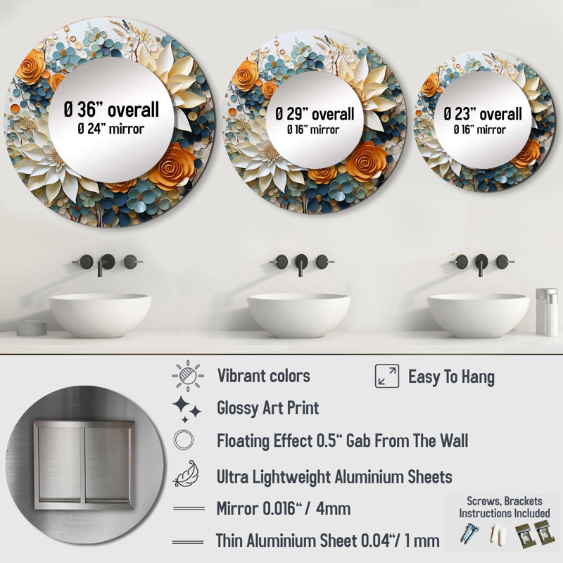 «White Succulents Flowers Serene Succulents», miroir mural décoratif succulent, miroir rond blanc, impression d'art en métal