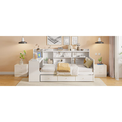 Twin Size Wooden Daybed In White With 3 Storage Drawers & Desk - Pine For A Relaxing Night Spacious 3 And Charging Options Devices