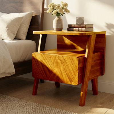 Solid Acacia Wood Nightstand, Bedside Table with Drawer & Open Shelf, Handcrafted Mid-Century Art Deco Accent Piece, Scratch & Water-Resistant, Caramel Finish