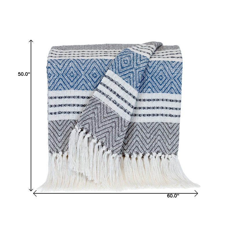 Jeté rayé en coton tissé, Rayures bleues / grises