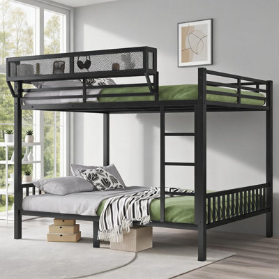 Structure de lit superposé au-dessus de grand lit en métal noir mat avec échelle intégrée et tablette de rangement pour adolescents et adultes