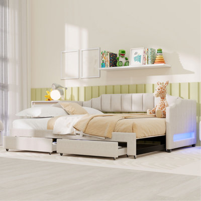 Lit de jour rembourré simple TG avec deux tiroirs de rangement et lumière à DEL, lit de jour simple TG à très grand lit, beige