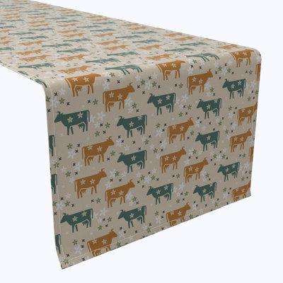 Table Runner, 100% Cotton, 16X108", Cattle With Flowers