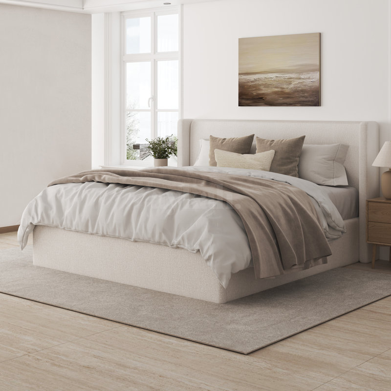 Lit plateforme capitonné avec rangement, Grand, Beige