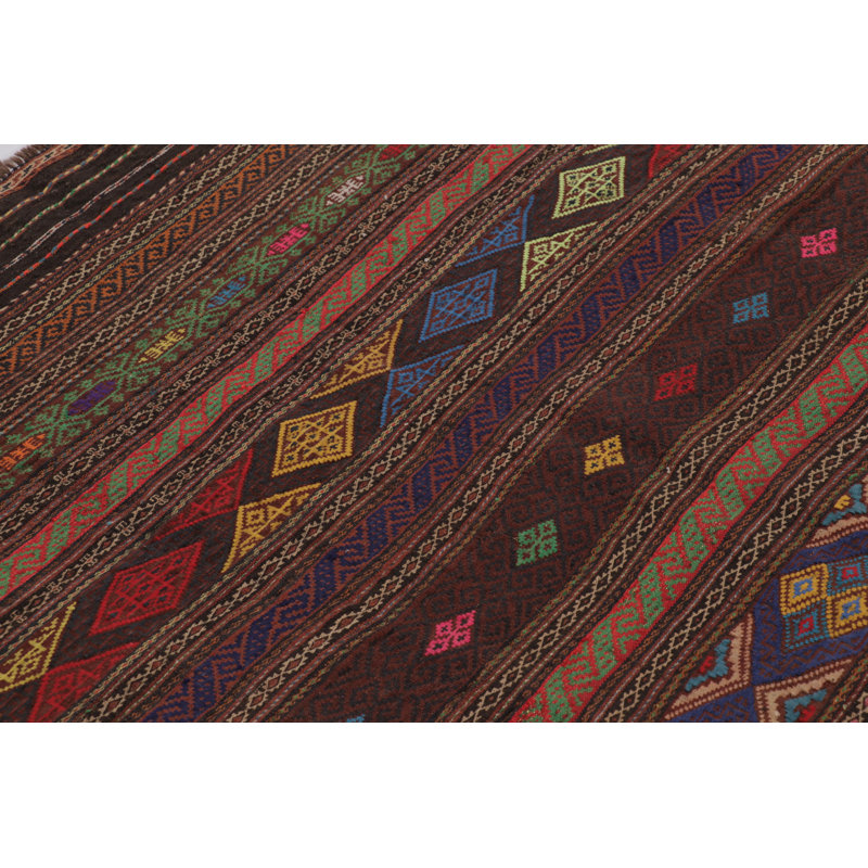 Vintage  Soumak Kilim, Vibrant Diamonds On Rich Brown Tones - Rug & Kilim