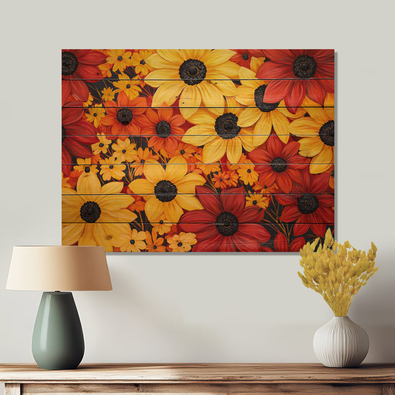 «Autumn Daisy Garden Charm I» - marguerites, art mural sur bois de pin naturel, H 30 po x l 40 po x P 0,78 po