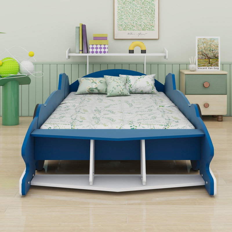 Race Car-Shaped Platform Bed With Wheels, Blue