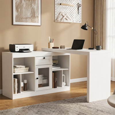 360° Rotating L Shaped Computer Desk With Drawer And Shelves, Home Office Swivel Desk For Work, Reversible Wood Corner Desk With Storage Cabinet, 55 Inch