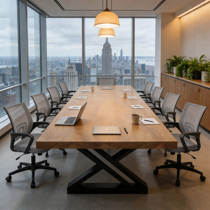 Table de conférence moderne à 8 places en bois massif industriel, jumelée à 8 chaises de bureau en filet respirant