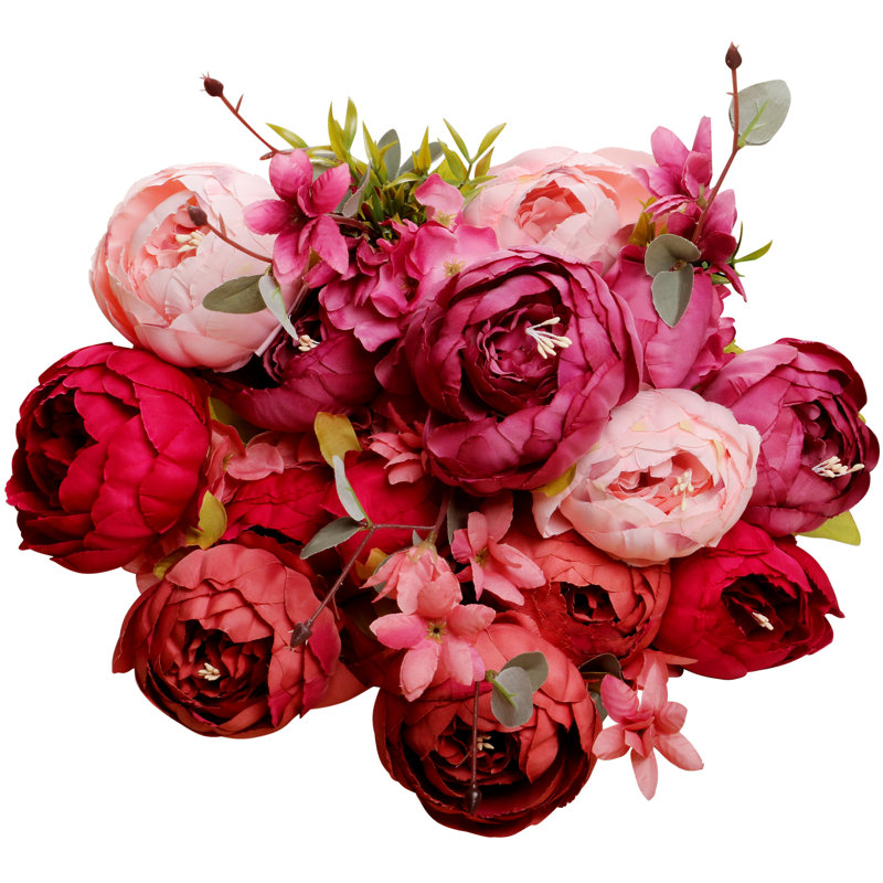 TRIXES Silk Peony Bouquet - 13 Blooms Plus Foliage - Pinks and Reds - Quality Artificial Flowers