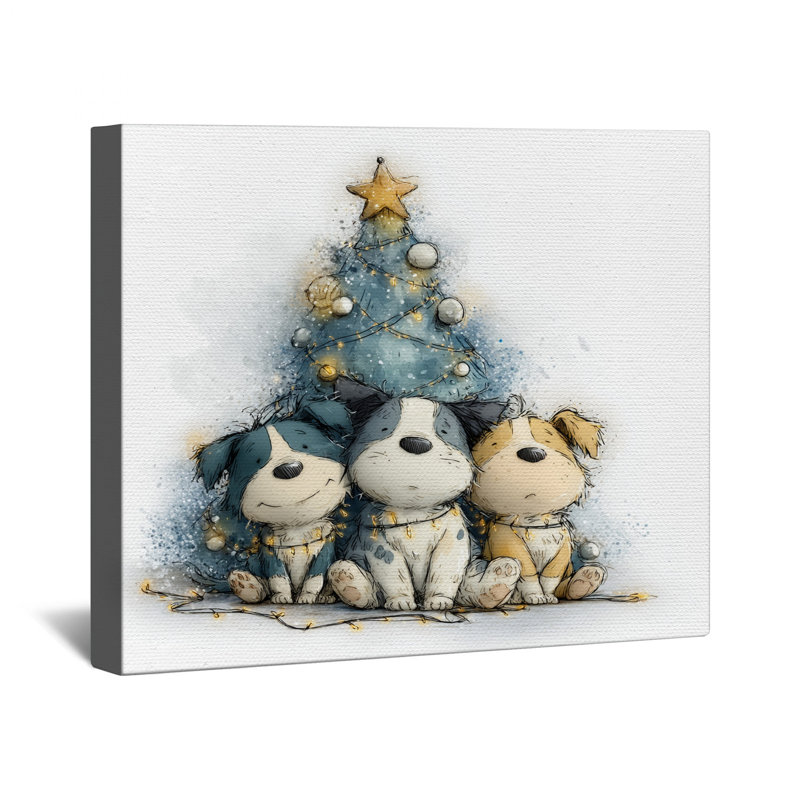«Three Puppies Christmas Tree», toile tendue en plusieurs tailles, 32 po x 32 po
