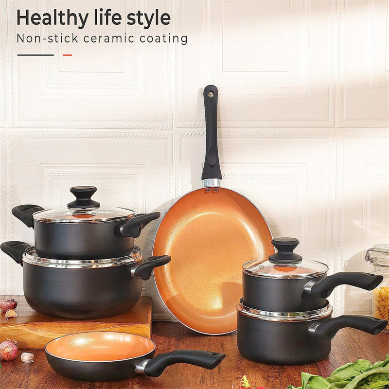 10-Piece Copper and Black Non-Stick Cookware Set with Wooden Handles