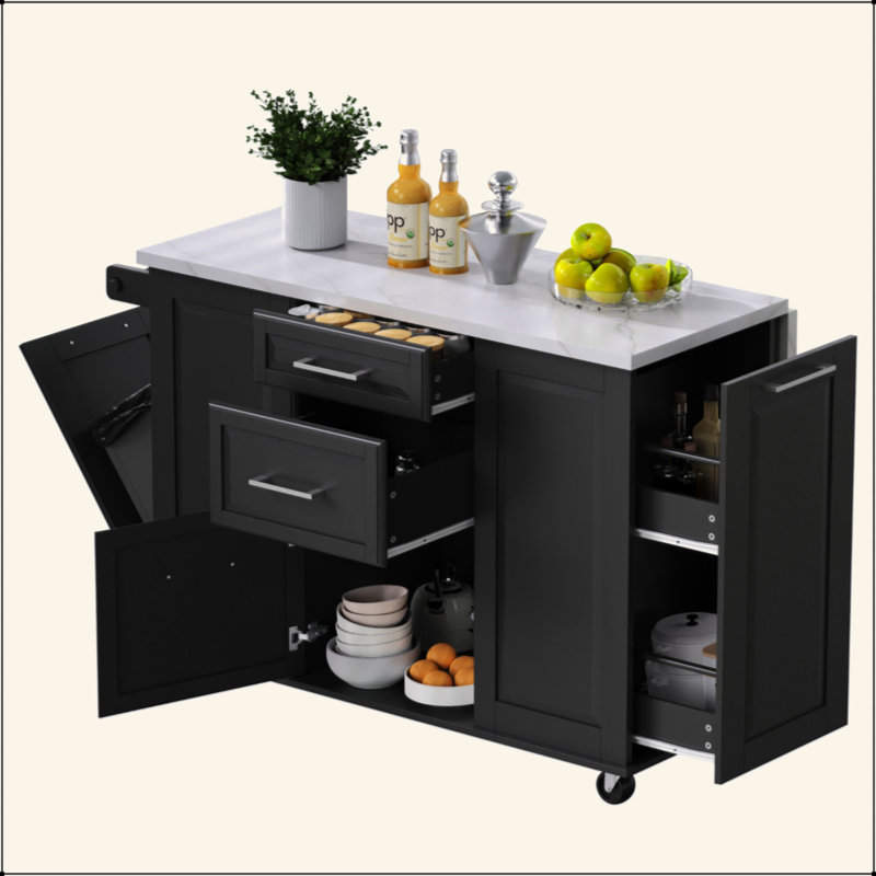 Îlot de cuisine de 50,7 po avec rangement, poubelle inclinable et organisateur de rangement escamotable, îlot de cuisine sur roulettes à 5 roulettes avec abattant, 2 tiroirs, 1 porte pour la cuisine, la salle à manger