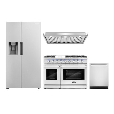 4 Piece Kitchen Package with Side by Side Refrigerator & 48" Freestanding Gas Range
