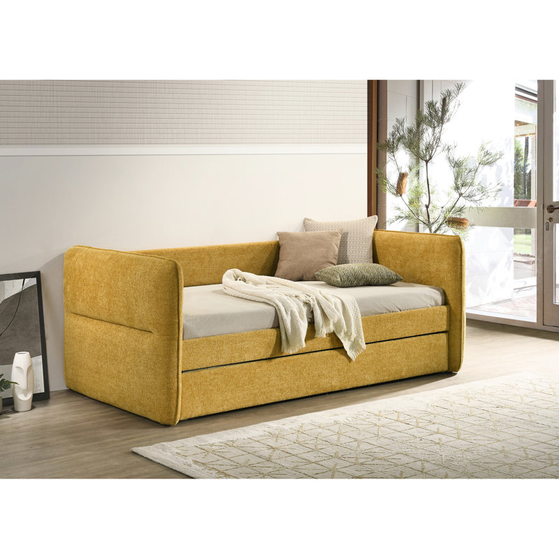 Lit de jour moderne avec lit gigogne escamotable, bouton, finition dorée, bois massif, pour la chambre à coucher et le bureau personnel, matelas non inclus 1pc