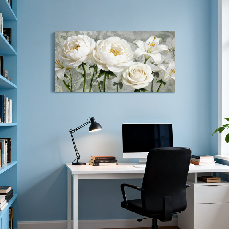 Plantes et fleurs, fleurs blanches sur fond gris, H 28 po x l 58 po