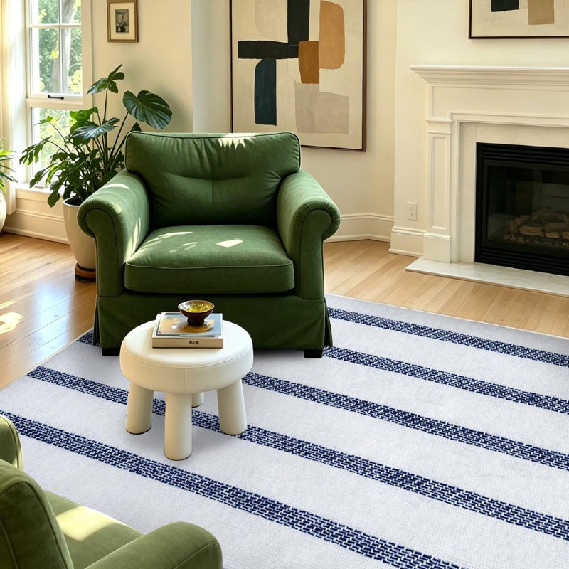 Tapis bleu rayé bleu marine en tissu de coton lavable à la machine, Rectangle 55 po x 79 po