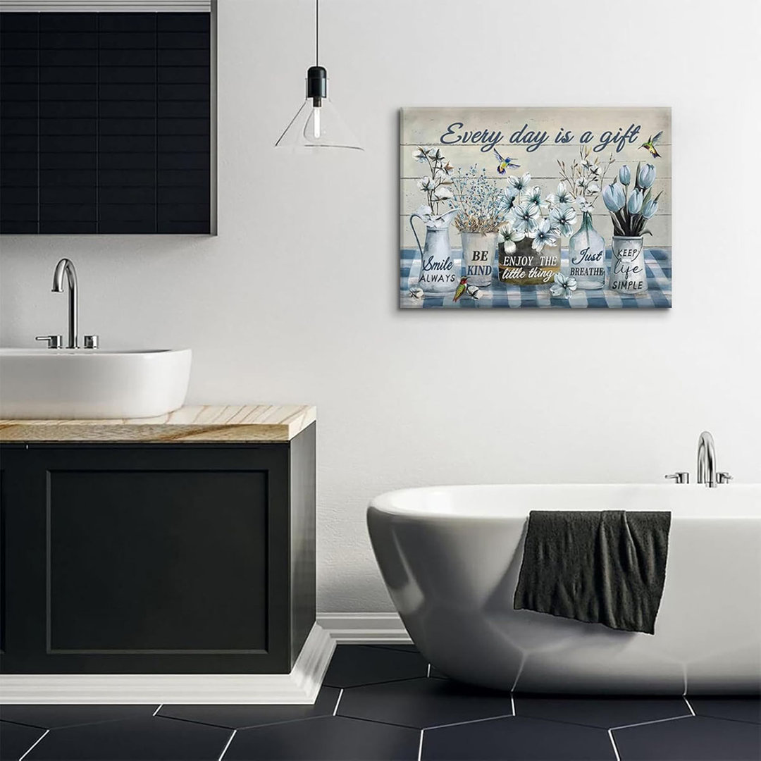 Farmhouse Bathroom Floral Canvas Wall Art Rustic Flower Wall Decor Every Day Is A Gift Artwork Poster Print Inspirational Quotes Painting Pictures For