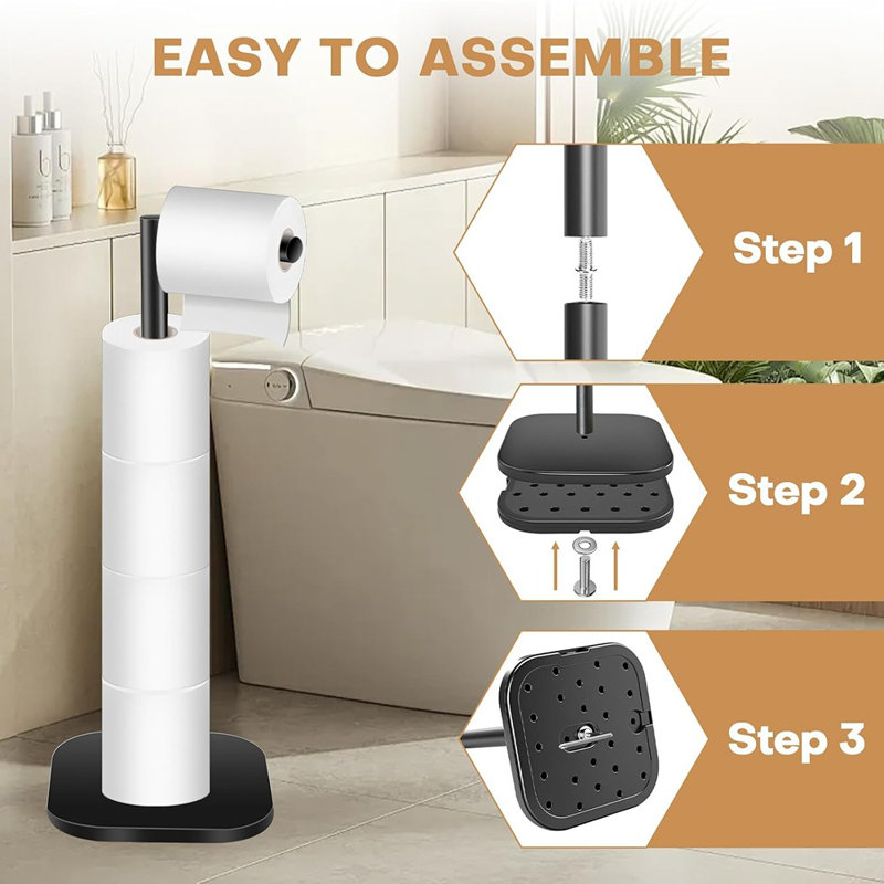 Porte-papier hygiénique sur pied - Acier inoxydable noir mat, organisateur de salle de bain avec rangement, antidérapant et antirouille